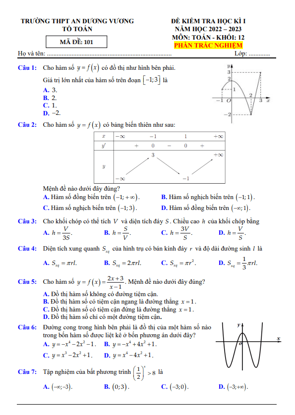 Đề học kì 1 Toán 12 năm 2022 2023 trường THPT An Dương Vương TP HCM