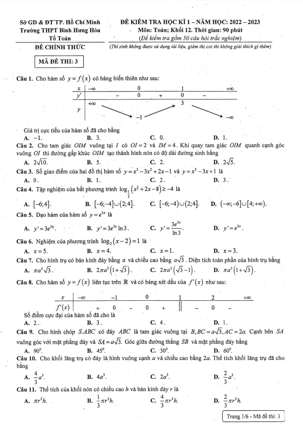 Đề học kì 1 Toán 12 năm 2022 2023 trường THPT Bình Hưng Hòa TP HCM
