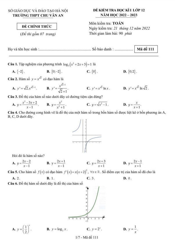 Đề học kì 1 Toán 12 năm 2022 2023 trường THPT Chu Văn An Hà Nội