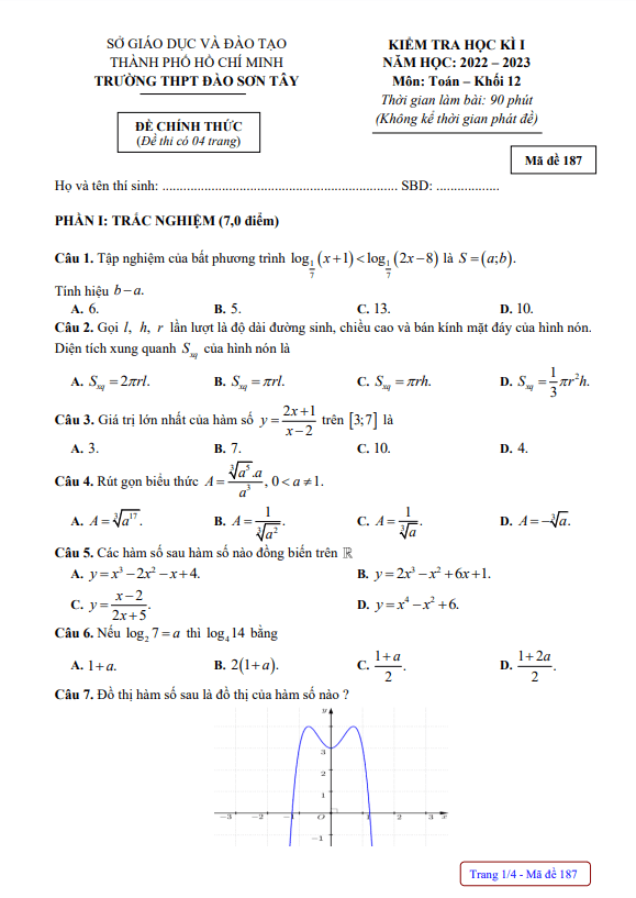 Đề học kì 1 Toán 12 năm 2022 2023 trường THPT Đào Sơn Tây TP HCM