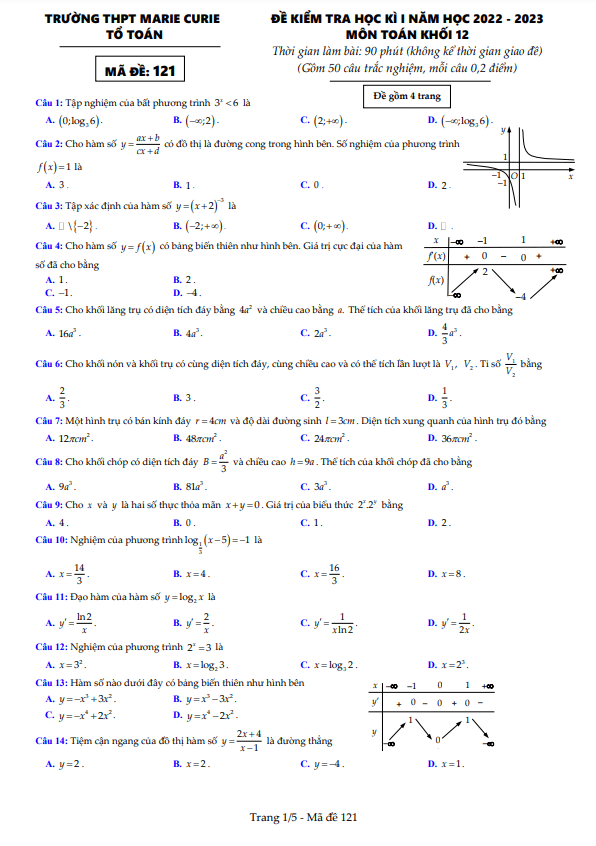 Đề học kì 1 Toán 12 năm 2022 2023 trường THPT Marie Curie TP HCM