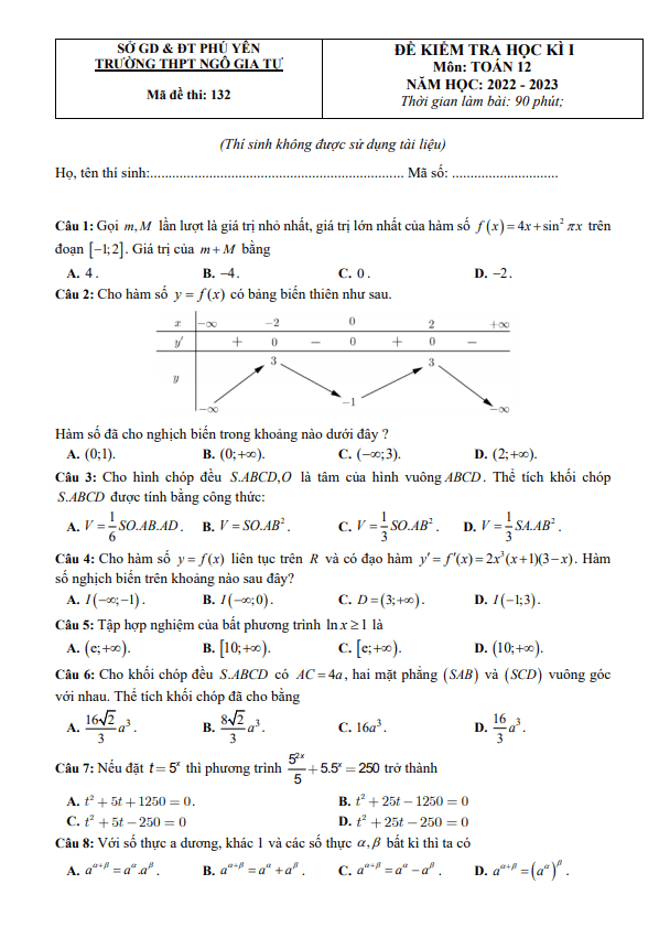 Đề học kì 1 Toán 12 năm 2022 2023 trường THPT Ngô Gia Tự Phú Yên