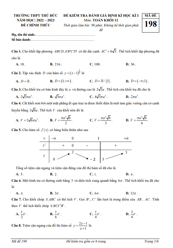 Đề học kì 1 Toán 12 năm 2022 2023 trường THPT Thủ Đức TP HCM