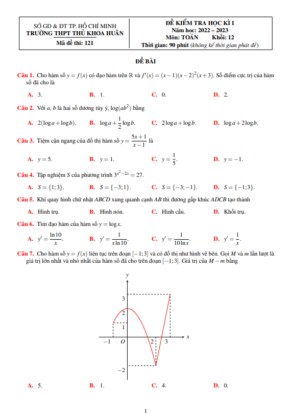 Đề học kì 1 Toán 12 năm 2022 2023 trường THPT Thủ Khoa Huân TP HCM