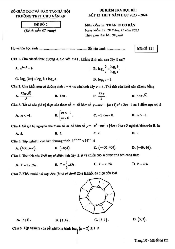Đề học kì 1 Toán 12 năm 2023 2024 trường THPT Chu Văn An Hà Nội