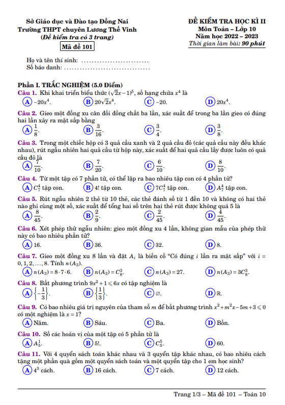 Đề học kì 2 Toán 10 năm 2022 2023 trường chuyên Lương Thế Vinh Đồng Nai