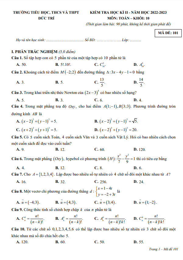 Đề học kì 2 Toán 10 năm 2022 2023 trường Đức Trí Bình Dương