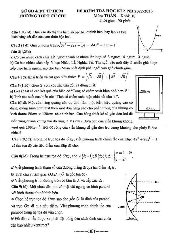Đề học kì 2 Toán 10 năm 2022 2023 trường THPT Củ Chi TP HCM