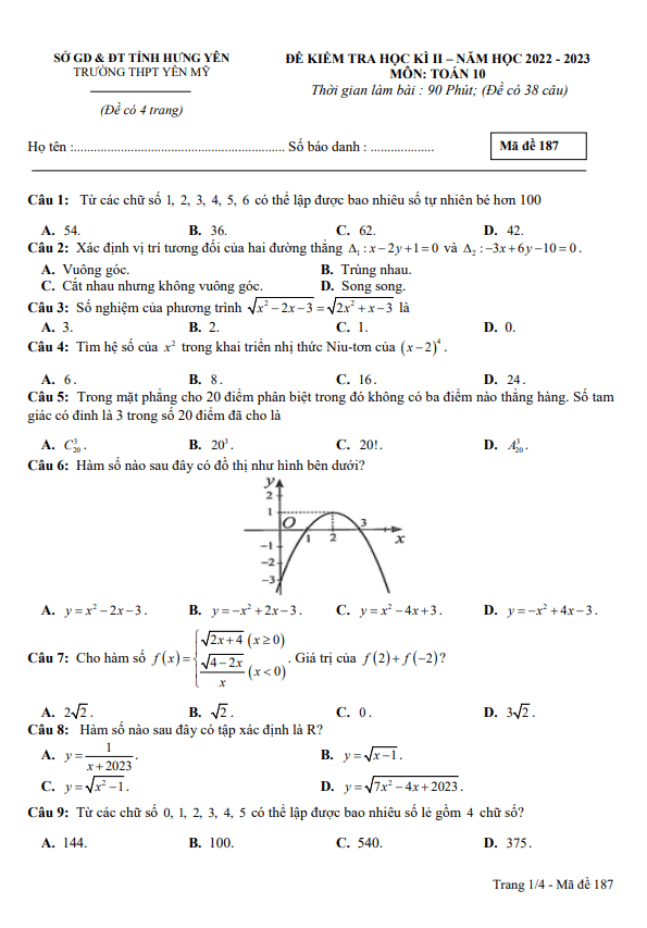 Đề học kì 2 Toán 10 năm 2022 2023 trường THPT Yên Mỹ Hưng Yên