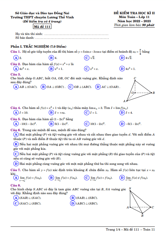 Đề học kì 2 Toán 11 năm 2022 2023 trường chuyên Lương Thế Vinh Đồng Nai