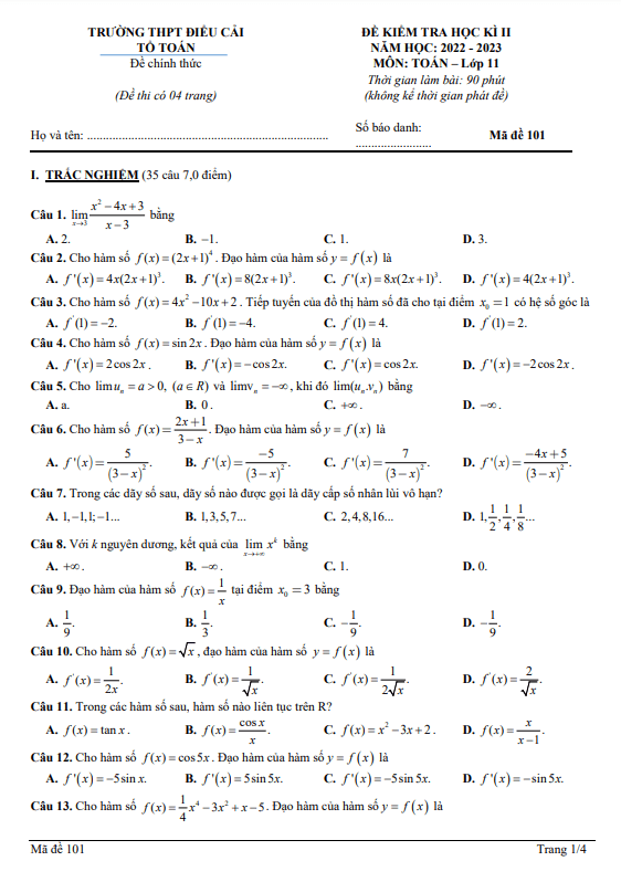 Đề học kì 2 Toán 11 năm 2022 2023 trường THPT Điểu Cải Đồng Nai