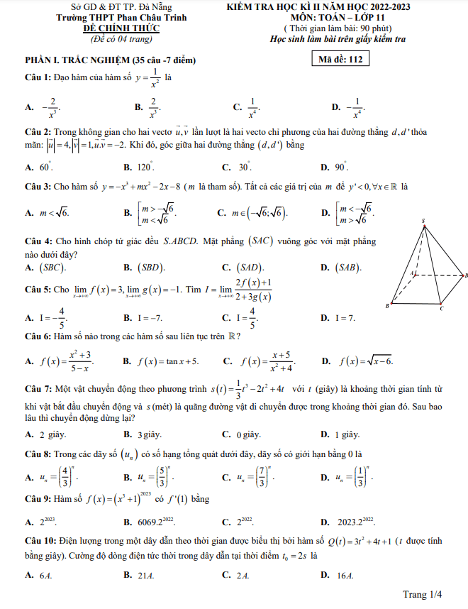 Đề học kì 2 Toán 11 năm 2022 2023 trường THPT Phan Châu Trinh Đà Nẵng