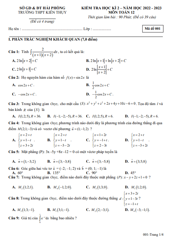 Đề học kì 2 Toán 12 năm 2022 2023 trường THPT Kiến Thụy Hải Phòng