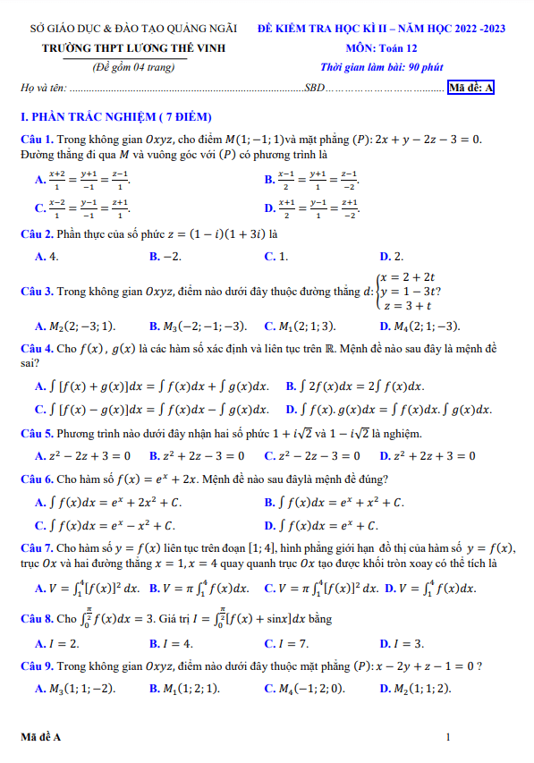 Đề học kì 2 Toán 12 năm 2022 2023 trường THPT Lương Thế Vinh Quảng Ngãi