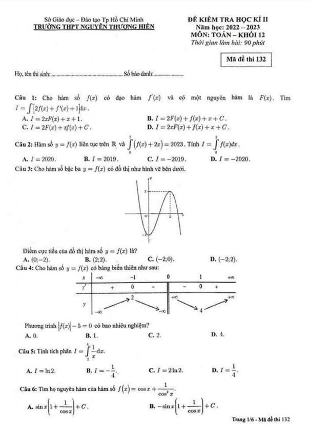 Đề học kì 2 Toán 12 năm 2022 2023 trường THPT Nguyễn Thượng Hiền TP HCM