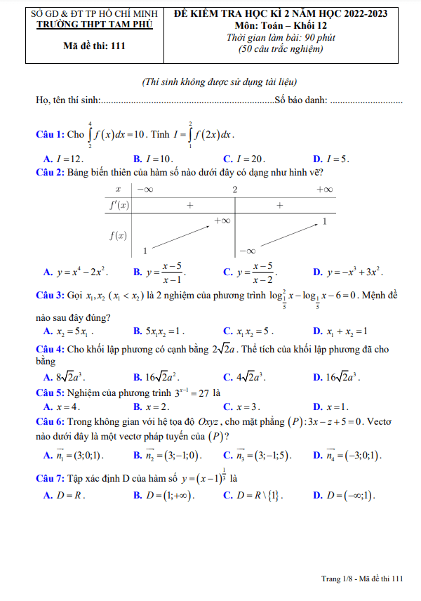 Đề học kì 2 Toán 12 năm 2022 2023 trường THPT Tam Phú TP HCM
