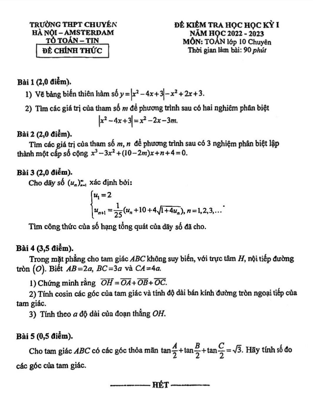 Đề học kỳ 1 Toán 10 (chuyên) năm 2022 2023 trường chuyên Hà Nội Amsterdam
