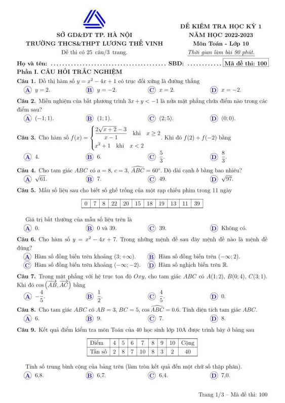 Đề học kỳ 1 Toán 10 năm 2022 2023 trường Lương Thế Vinh Hà Nội