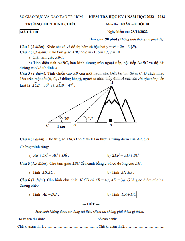 Đề học kỳ 1 Toán 10 năm 2022 2023 trường THPT Bình Chiểu TP HCM