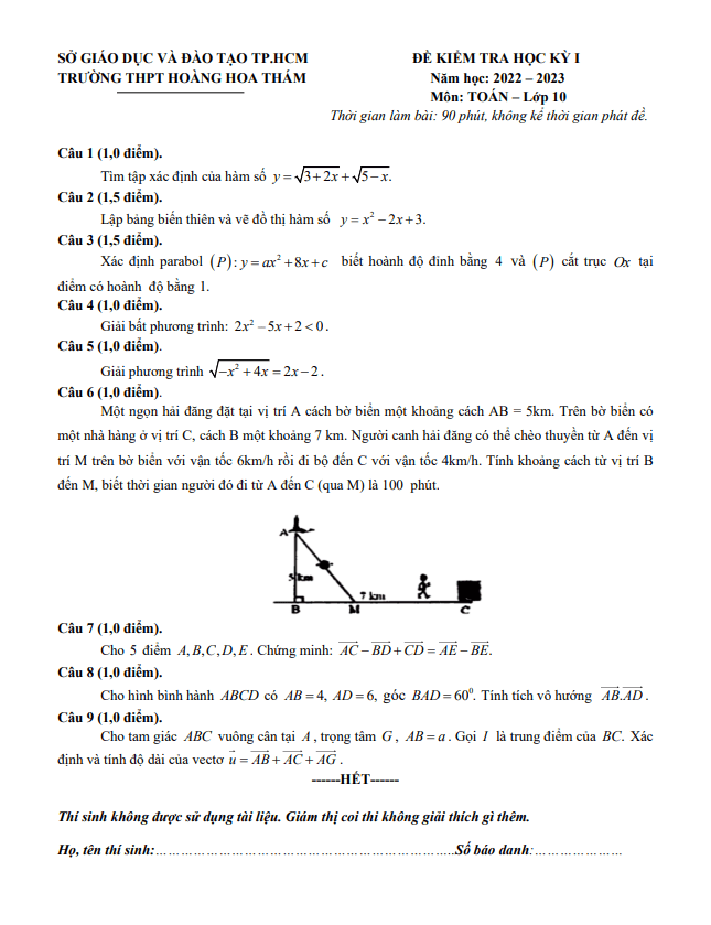 Đề học kỳ 1 Toán 10 năm 2022 2023 trường THPT Hoàng Hoa Thám TP HCM