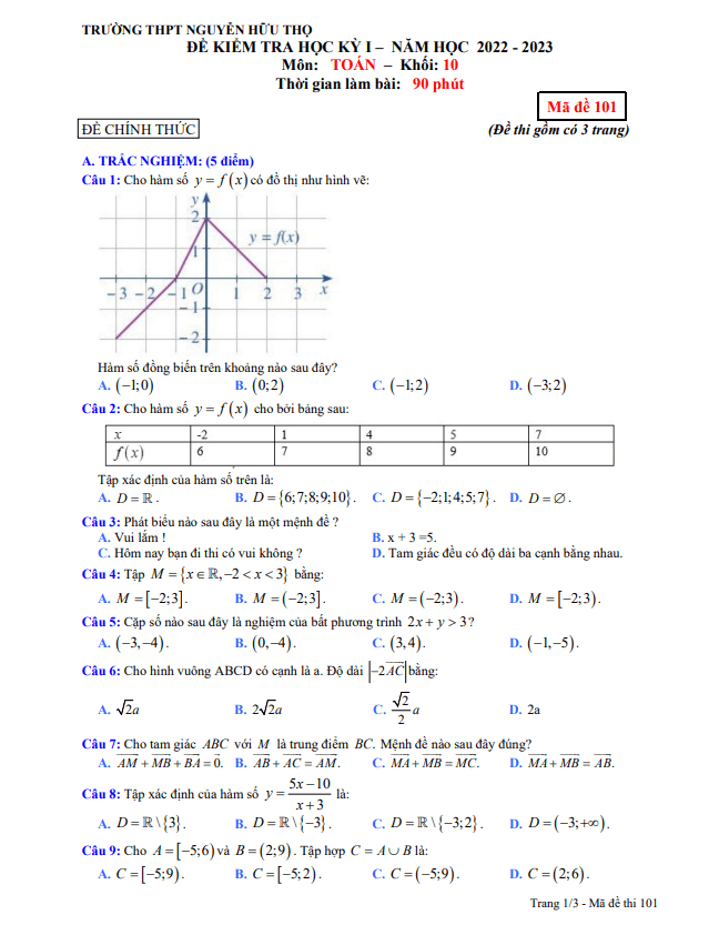 Đề học kỳ 1 Toán 10 năm 2022 2023 trường THPT Nguyễn Hữu Thọ TP HCM