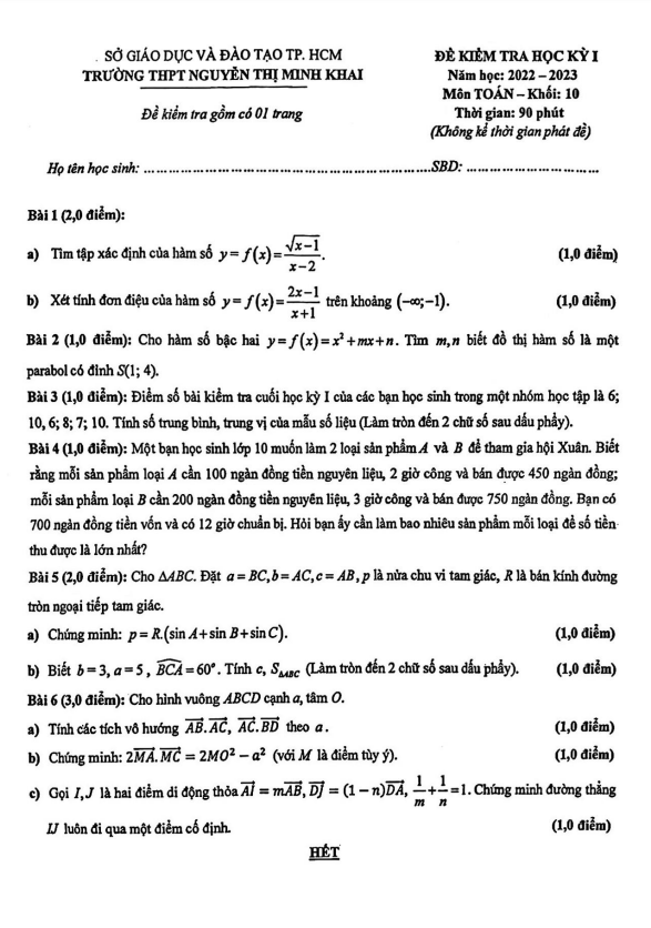 Đề học kỳ 1 Toán 10 năm 2022 2023 trường THPT Nguyễn Thị Minh Khai TP HCM
