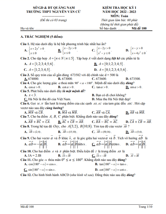 Đề học kỳ 1 Toán 10 năm 2022 2023 trường THPT Nguyễn Văn Cừ Quảng Nam