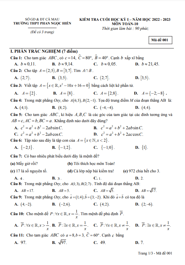 Đề học kỳ 1 Toán 10 năm 2022 2023 trường THPT Phan Ngọc Hiển Cà Mau