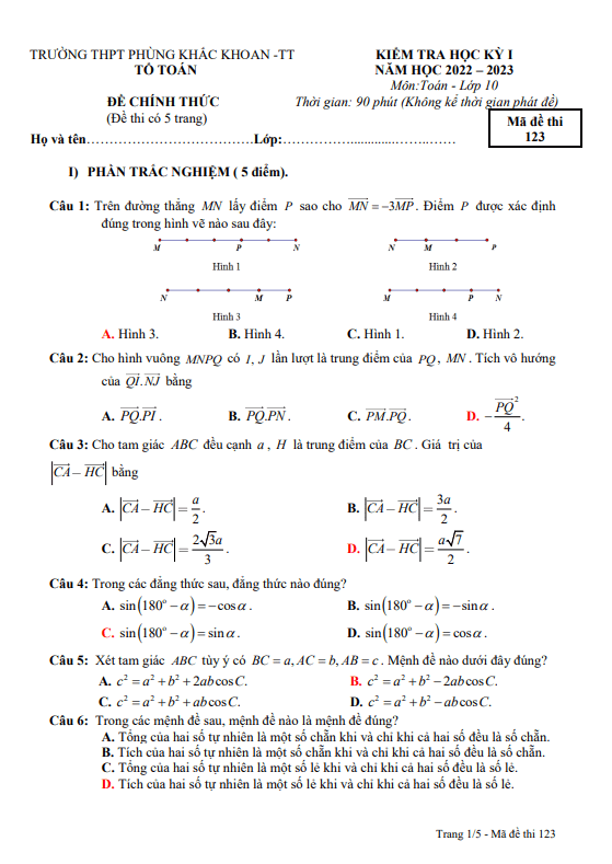 Đề học kỳ 1 Toán 10 năm 2022 2023 trường THPT Phùng Khắc Khoan Hà Nội