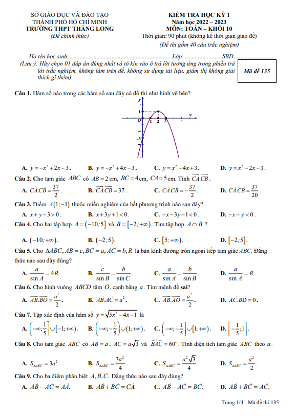 Đề học kỳ 1 Toán 10 năm 2022 2023 trường THPT Thăng Long TP HCM