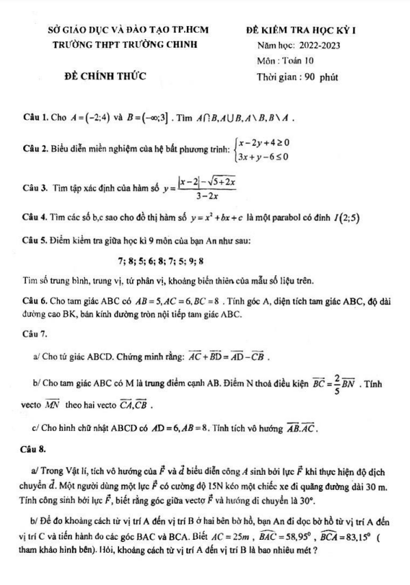 Đề học kỳ 1 Toán 10 năm 2022 2023 trường THPT Trường Chinh TP HCM