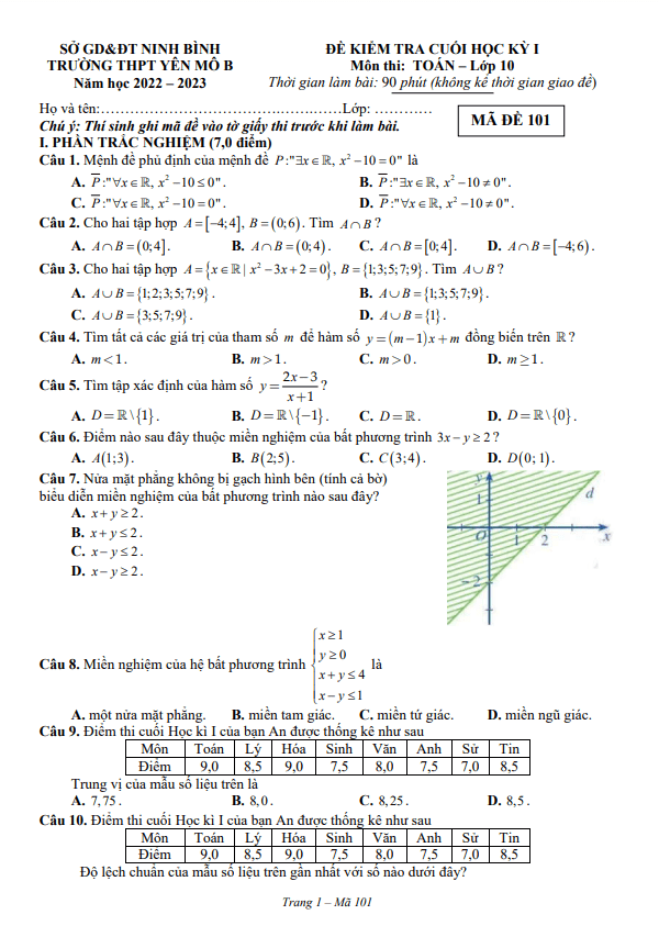 Đề học kỳ 1 Toán 10 năm 2022 2023 trường THPT Yên Mô B Ninh Bình