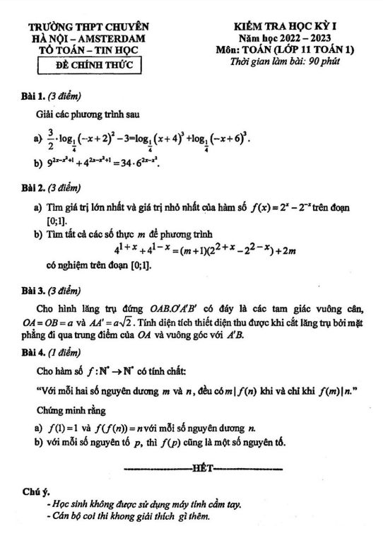 Đề học kỳ 1 Toán 11 (chuyên) năm 2022 2023 trường chuyên Hà Nội Amsterdam
