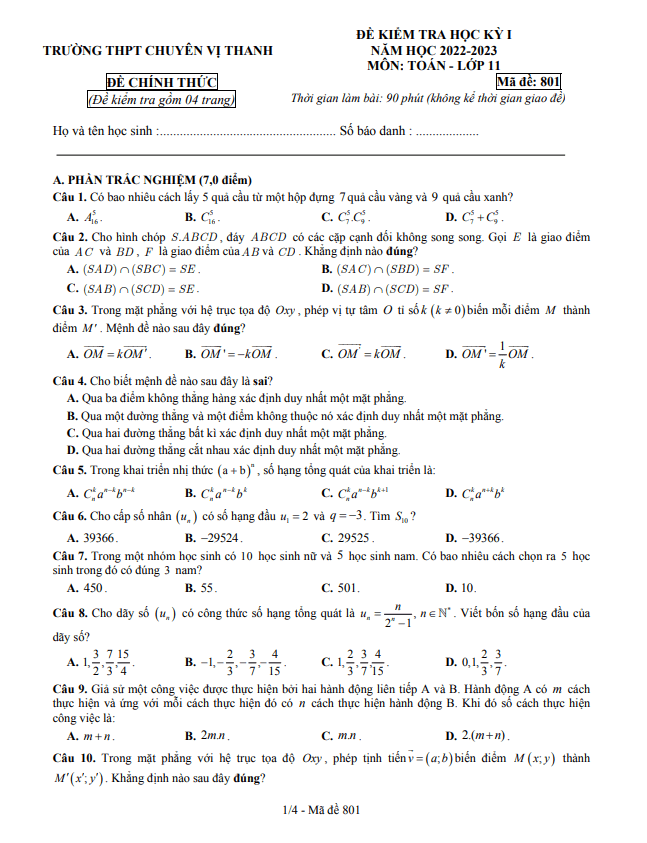 Đề học kỳ 1 Toán 11 năm 2022 2023 trường chuyên Vị Thanh Hậu Giang