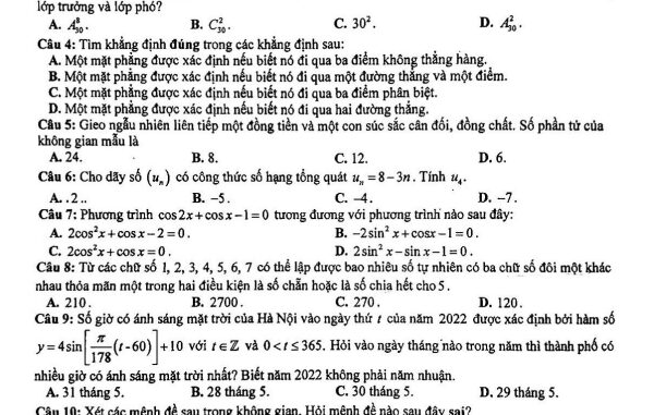 Đề học kỳ 1 Toán 11 năm 2022 2023 trường THPT Lê Quý Đôn Hà Nội