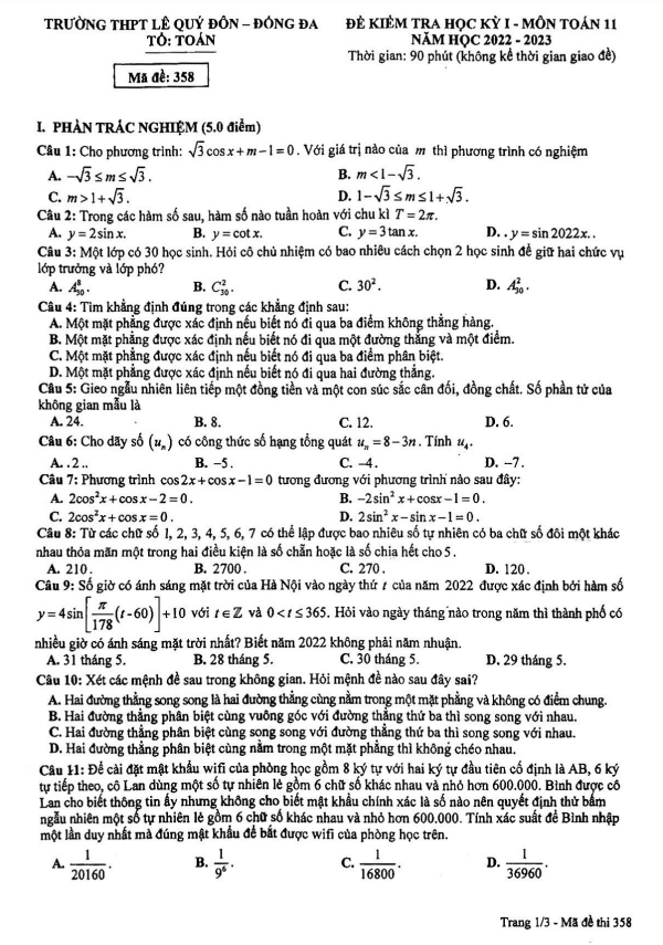 Đề học kỳ 1 Toán 11 năm 2022 2023 trường THPT Lê Quý Đôn Hà Nội