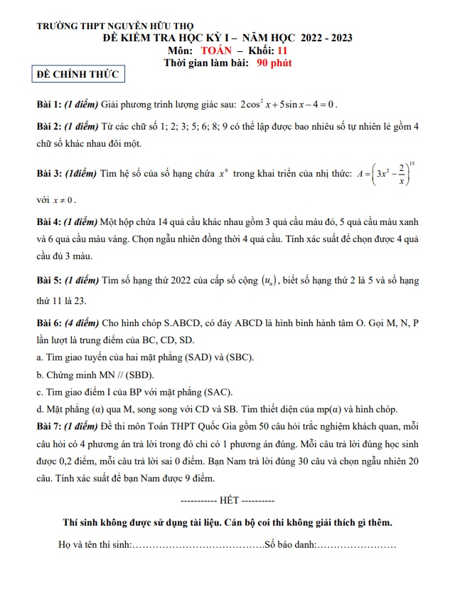 Đề học kỳ 1 Toán 11 năm 2022 2023 trường THPT Nguyễn Hữu Thọ TP HCM