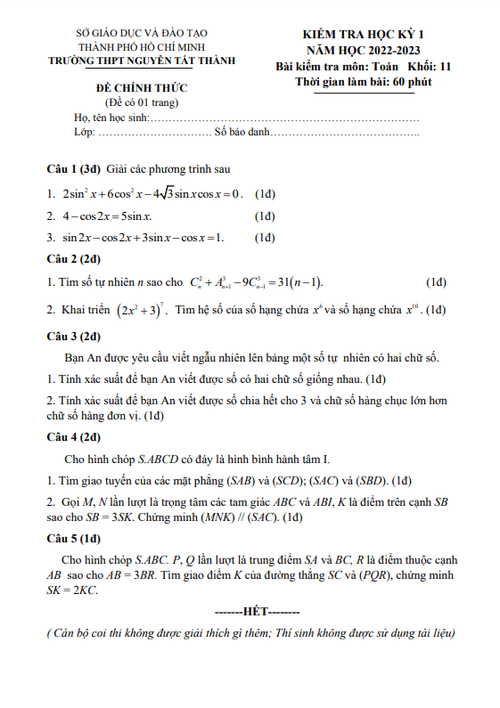 Đề học kỳ 1 Toán 11 năm 2022 2023 trường THPT Nguyễn Tất Thành TP HCM