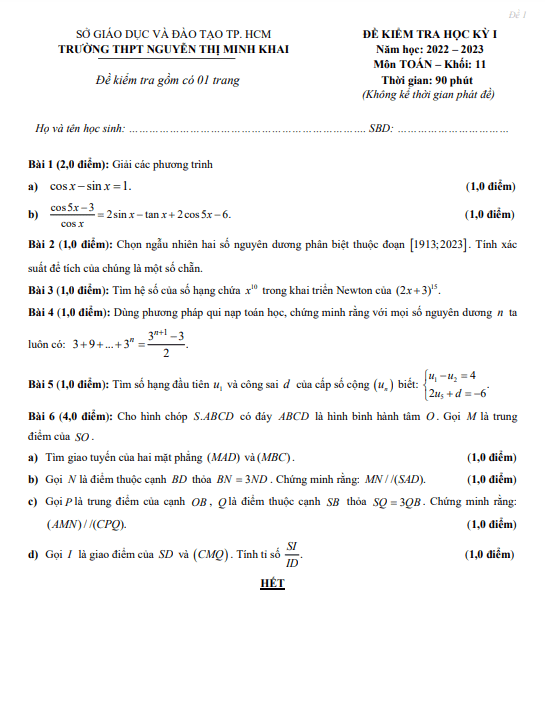 Đề học kỳ 1 Toán 11 năm 2022 2023 trường THPT Nguyễn Thị Minh Khai TP HCM