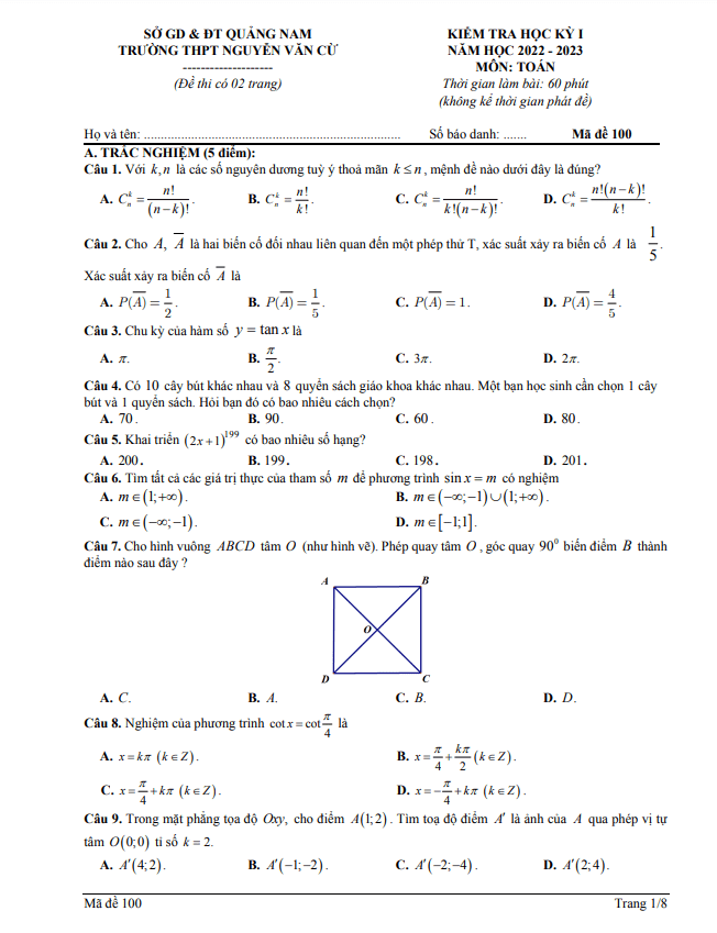 Đề học kỳ 1 Toán 11 năm 2022 2023 trường THPT Nguyễn Văn Cừ Quảng Nam