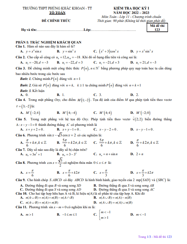 Đề học kỳ 1 Toán 11 năm 2022 2023 trường THPT Phùng Khắc Khoan Hà Nội