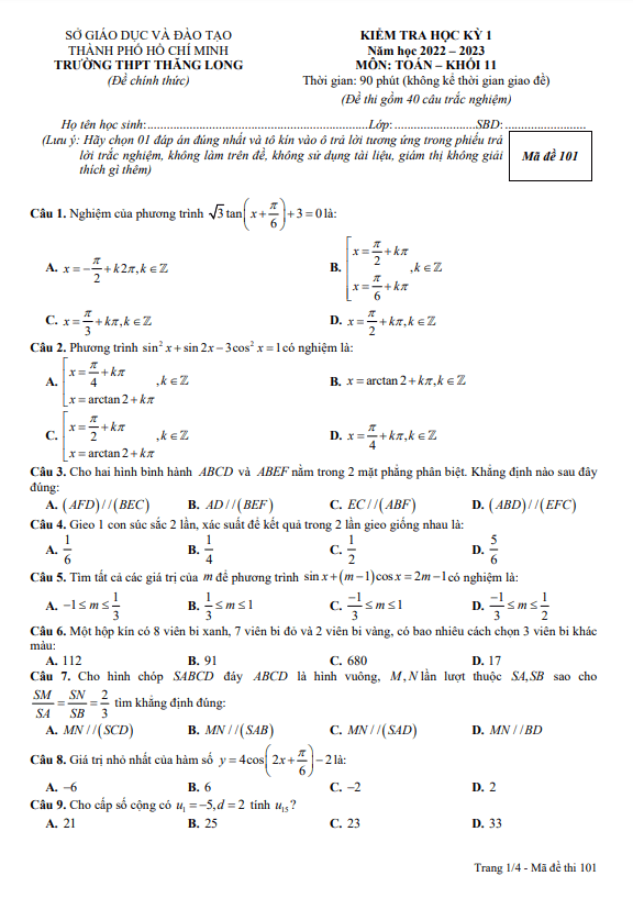 Đề học kỳ 1 Toán 11 năm 2022 2023 trường THPT Thăng Long TP HCM