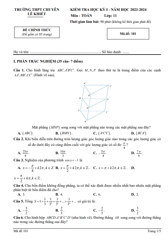 Đề học kỳ 1 Toán 11 năm 2023 2024 trường chuyên Lê Khiết Quảng Ngãi