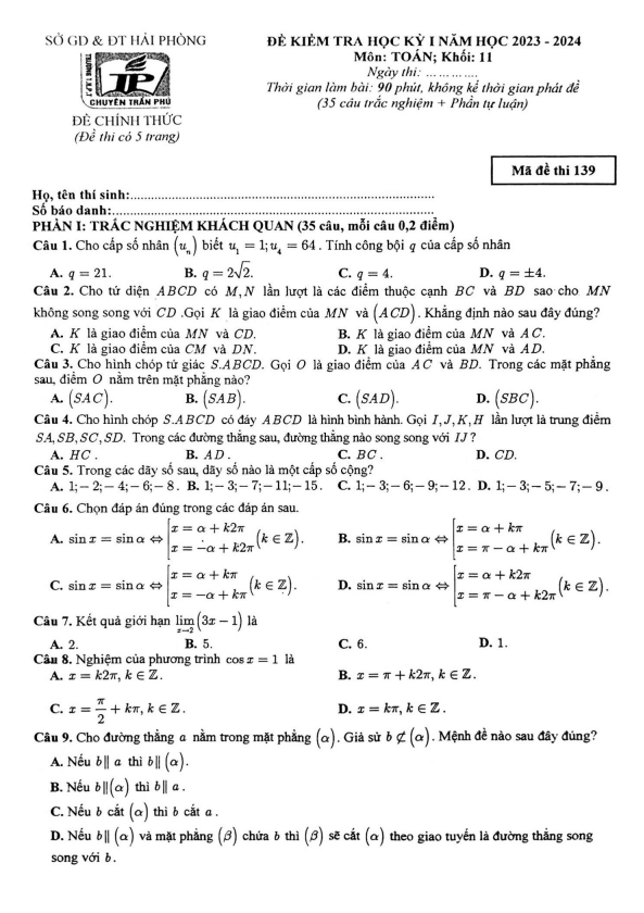 Đề học kỳ 1 Toán 11 năm 2023 2024 trường chuyên Trần Phú Hải Phòng