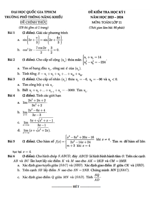 Đề học kỳ 1 Toán 11 năm 2023 2024 trường Phổ thông Năng khiếu TP HCM