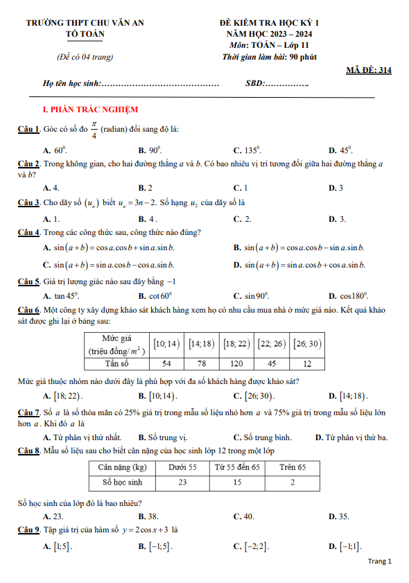 Đề học kỳ 1 Toán 11 năm 2023 2024 trường THPT Chu Văn An An Giang