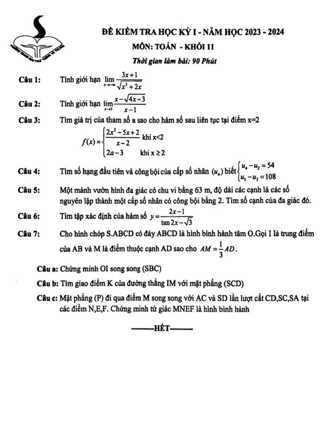 Đề học kỳ 1 Toán 11 năm 2023 2024 trường THPT Võ Thị Sáu TP HCM