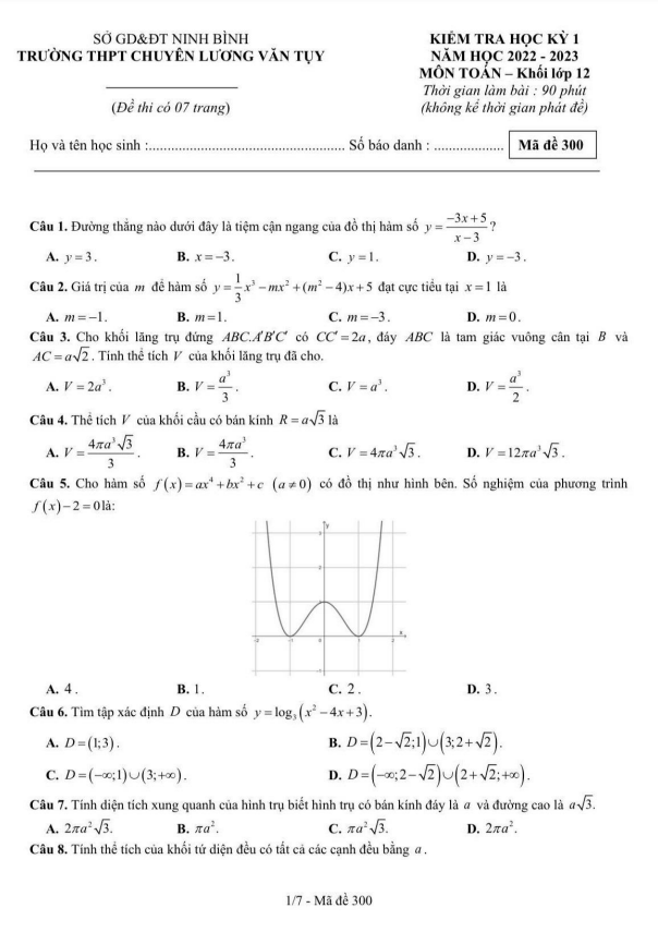 Đề học kỳ 1 Toán 12 năm 2022 2023 trường chuyên Lương Văn Tụy Ninh Bình
