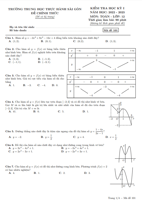 Đề học kỳ 1 Toán 12 năm 2022 2023 trường TH Thực hành Sài Gòn TP HCM