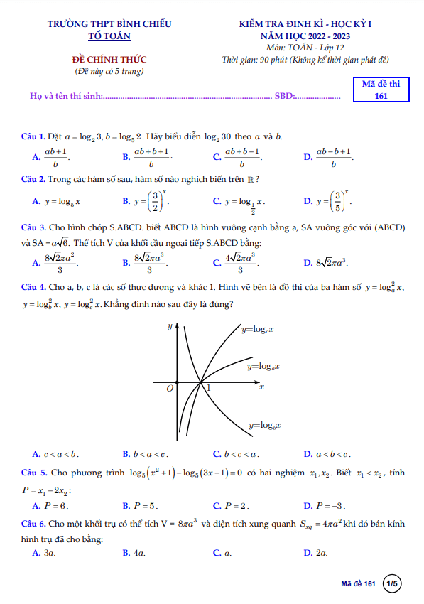 Đề học kỳ 1 Toán 12 năm 2022 2023 trường THPT Bình Chiểu TP HCM